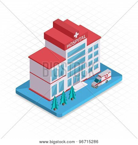 Hospital building. Isometric 3d pixel design icon.