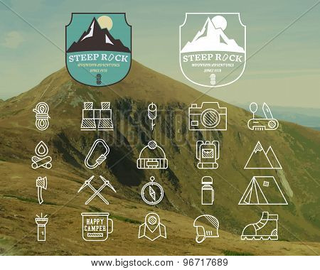 Set Of Summer Mountain Camp Badge, Logo And Label And Line Icon Templates. Travel, Hiking, Climbing