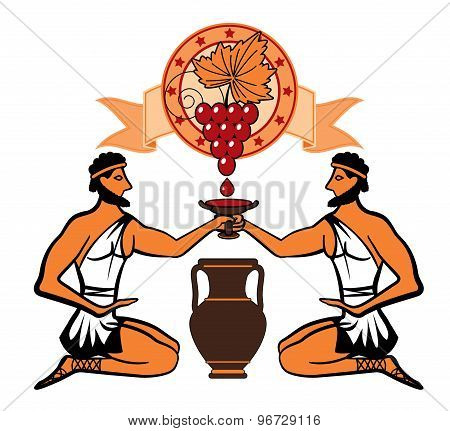 bunch of grapes with a ribbon above two Greeks with a cup of wine