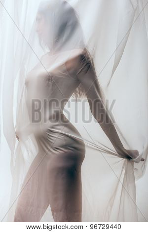 lady in combidress behind tulle