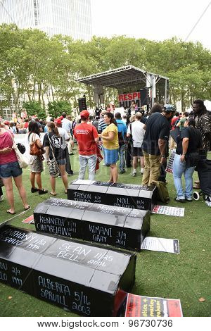 Symbolic coffins in Cadman Plaza