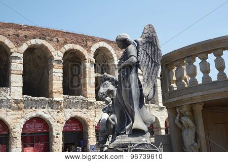 VERONA, ITALY - JULY 13: Prop of an angel outisde the Arena. July 13, 2015 in Verona. The Opera Festival is one of the main international events in the opera circuit.
