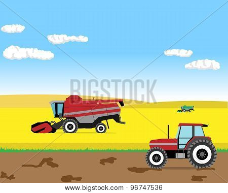 Harvesting the wheat field harvesters. Vector illustration