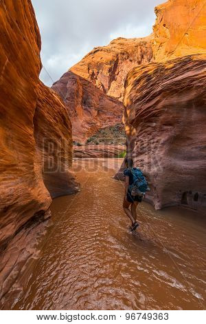 Walking Down Coyote Gulch Girl Hiker Backpacker In The Water,