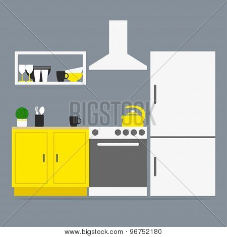 Kitchen interior. Kitchen isolated furniture and appliances on grey background.