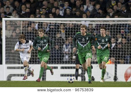 LONDON ENGLAND, November 11 2010: Werder Bremen's Aaron Hunt, Per Mertesacker  and Sebastian Prodl in action during the UEFA Champions League match between Tottenham Hotspur FC and Werder Bremen,
