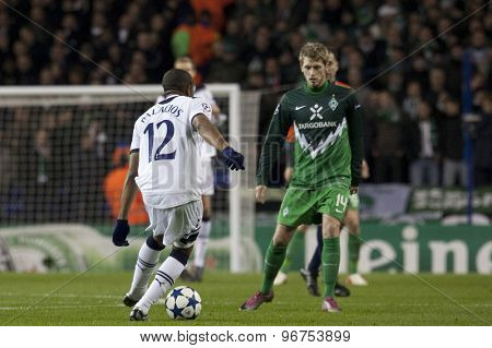 LONDON ENGLAND, November 11 2010: Tottenham's midfielder Wilson Palacios and Werder Bremen's Aaron Hunt in action during the UEFA Champions League match between Tottenham Hotspur FC and Werder Bremen