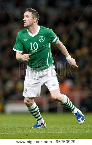 LONDON, ENGLAND. March 02 2010: Robbie Keane playing for Ireland during the international football friendly between Brazil and the Republic of Ireland played at the Emirates Stadium.