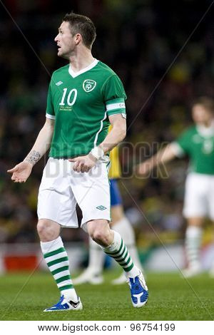 LONDON, ENGLAND. March 02 2010: Ireland's Robbie Keane during the international football friendly between Brazil and the Republic of Ireland played at the Emirates Stadium.