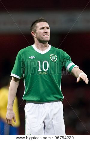 LONDON, ENGLAND. March 02 2010: Ireland's Robbie Keane during the international football friendly between Brazil and the Republic of Ireland played at the Emirates Stadium.