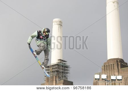 LONDON, ENGLAND. October 31 2009 Christian HALLER SUI takes to the air while competing in the LG Snowboard World Cup Big Air Event, at the London Freeze snowboard and freestyle skiing event.