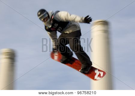 LONDON, ENGLAND. October 31 2009 Isak BJORNSTROM SWE takes to the air while competing in the LG FIS Snowboard World Cup Big Air Event, at the London Freeze snowboard and freestyle skiing event.