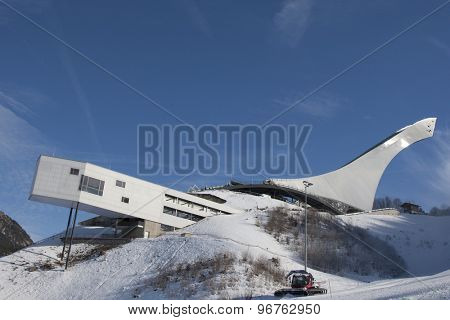 GARMISCH PARTENKIRCHEN, GERMANY. Feb 03 2011: Preview images for the 2011 Alpine skiing World Championships. A general view of the ski jump that is parralell to the slalom course
