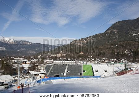 GARMISCH PARTENKIRCHEN, GERMANY. Feb 03 2011: Preview images for the 2011 Alpine skiing World Championships. A general view of the finish are and stadium for the slalom races