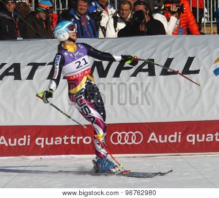 GARMISCH PARTENKIRCHEN, GERMANY. Feb 08 2011: Julia Mancus second placed racer reacts in the finish area of the women's race on the Kandahar race piste at the 2011 Alpine skiing World Championships