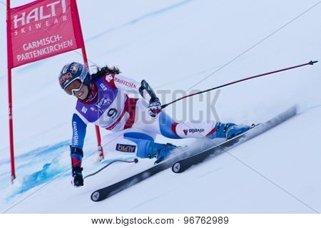 GARMISCH PARTENKIRCHEN, GERMANY. Feb 08 2011: Dominique Gisin (SUI) whilst competing in the women's super giant slalom race at the 2011 Alpine skiing World Championships