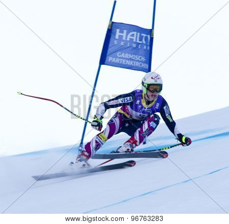 GARMISCH PARTENKIRCHEN, GERMANY. Feb 08 2011: Laurenne Ross (USA) whilst competing in the women's super giant slalom race at the 2011 Alpine skiing World Championships