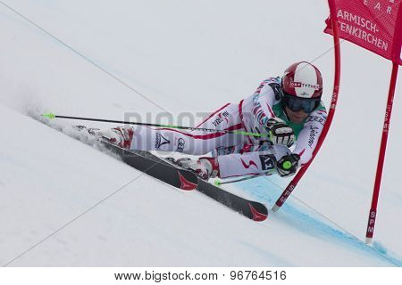 GARMISCH PARTENKIRCHEN, GERMANY. Feb 18 2011: Bjoern Sieber (AUT) competing in the mens giant slalom race on the Kandahar race piste at the 2011 Alpine skiing World Championships