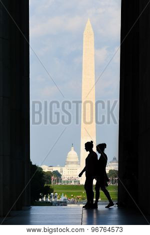 Washington DC - Silhouettes and National Mall as seen from the pillars of Lincoln Memorial