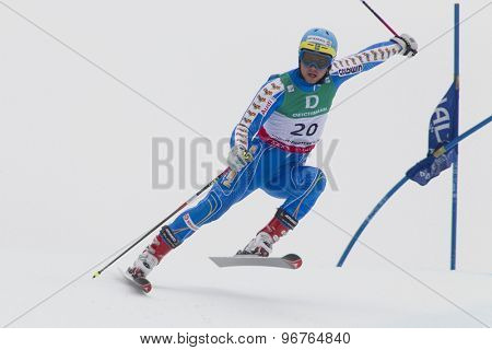 GARMISCH PARTENKIRCHEN, GERMANY. Feb 18 2011: Matts Olsson (SWE) competing in the mens giant slalom race on the Kandahar race piste at the 2011 Alpine skiing World Championships