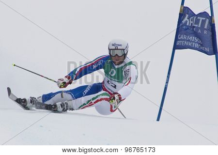 GARMISCH PARTENKIRCHEN, GERMANY. Feb 18 2011: Davide Simoncelli (ITA) competing in the mens giant slalom race on the Kandahar race piste at the 2011 Alpine skiing World Championships