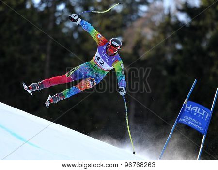 GARMISCH PARTENKIRCHEN, GERMANY. Feb 10 2011: Mirko Deflorian (MDA) takes to the air competing in the men's downhill training at the 2011 Alpine Skiing World Championships