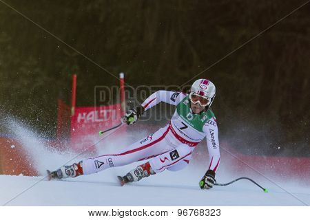 GARMISCH PARTENKIRCHEN, GERMANY. Feb 10 2011: Andrea Fischbacher (AUT) whilstcompeting in the women's downhill training at the 2011 Alpine Skiing World Championships