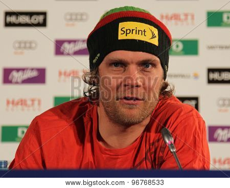 GARMISCH PARTENKIRCHEN, GERMANY. Feb 08 2011: Steven Nyman (USA) during the US Alpine Ski Team press conference at the 2011 Alpine skiing World Championships