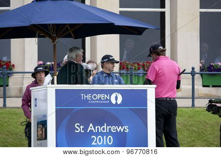 ST ANDREWS, SCOTLAND. July 15 2010: Retief GOOSEN from South Africa and Phil MICKELSON from USA in action on the first day of The Open Championship   played on The Royal and Ancient Old Course