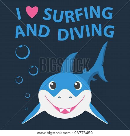 Surfing and diving summer theme with little smiling shark.
