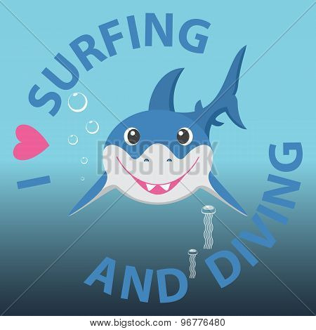 Surfing and diving summer theme with little smiling shark.