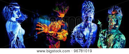 Four elements. Body art glowing in ultraviolet light, isolated on black background