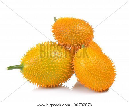 Baby Jackfruit, Spiny Bitter Gourd, Sweet Grourd Or Cochinchin Gourd On White Background