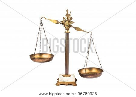 Unbalanced brass scale, lop-sided to the right. No justice.