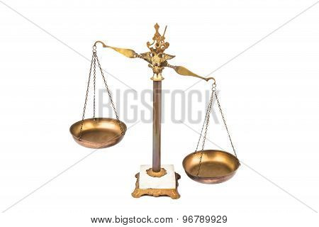 Unbalanced brass scale, lop-sided to the right. No justice.