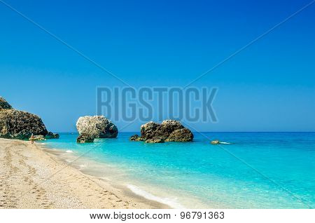 Megali Petra Beach, Lefkada Island, Levkas, Lefkas, Ionian Sea, Greece.
