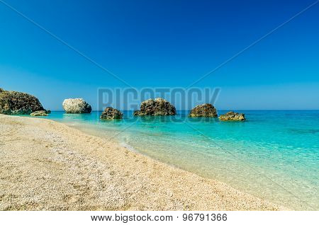 Megali Petra Beach, Lefkada Island, Levkas, Lefkas, Ionian Sea, Greece.