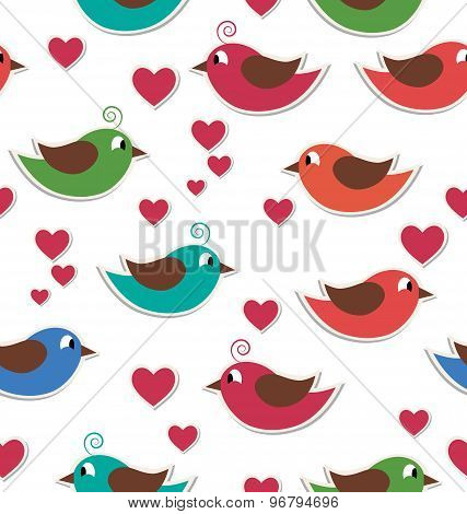 Seamless Pattern With Cute Birds And Hearts Isolated On White