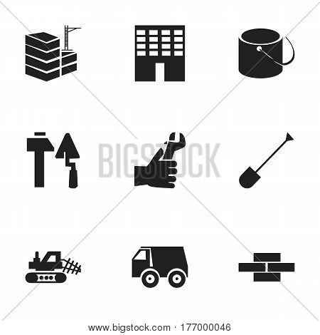 Set Of 9 Editable Construction Icons. Includes Symbols Such As Stone, Architecture, Hands. Can Be Used For Web, Mobile, UI And Infographic Design.