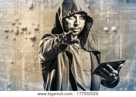 Internet Crime Concept. Dangerous Hacker, In Hoodie Shirt And Dark Digital Background Around, Steali