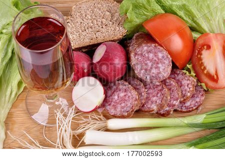 breakfast with home made kolbasz, tomato, onion and bread