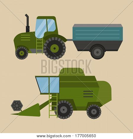 Agriculture industrial farm equipment machinery tractor combine and excavator rural machinery corn car harvesting wheel vector illustration. Autumn farmland heavy industry transportation.