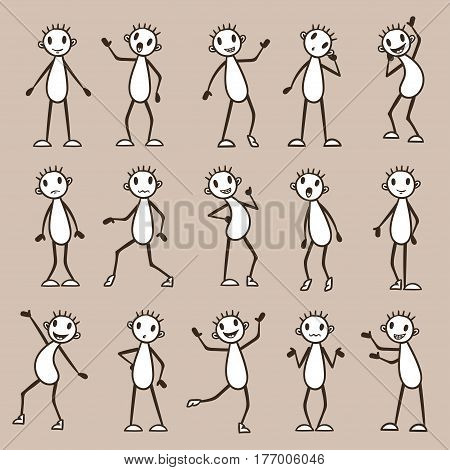Set of vector stick figures: Happy stickman jumping and celebrating.