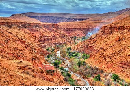 Landscape of the Asif Ounila valley, the Road of the Kasbahs in the High Atlas Mountains - Morocco.