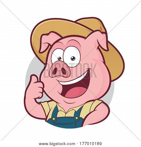 Clipart picture of a pig farmer cartoon character giving thumbs up in round frame