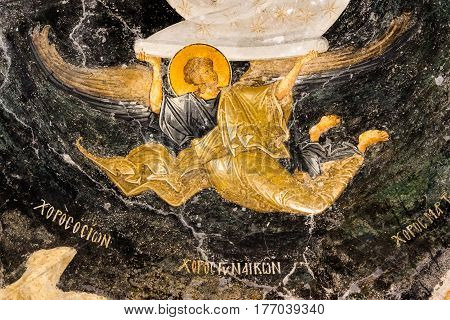 Angel holds the scroll of heaven an old byzantine wall-painting in Chora church Istanbul Oct 11 2013