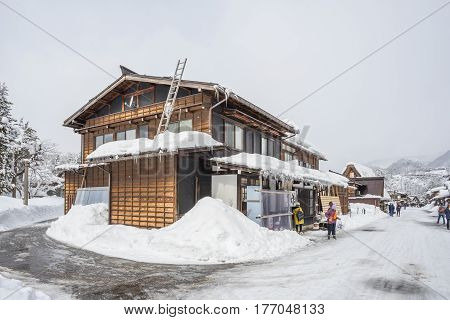 Shirakawa, Japan - 14 FEB 2017: Traditional Gusso farmhouse at Shirakawa go village, Japan.Winter in Shirakawa-go Japan