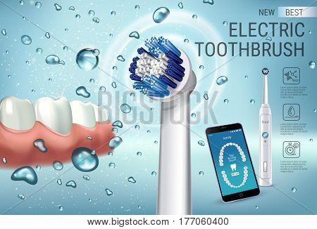 Electric toothbrush ads. Vector 3d Illustration with vibrant brush and mobile dental app on the screen of phone. Horizontal composition with high tech products.