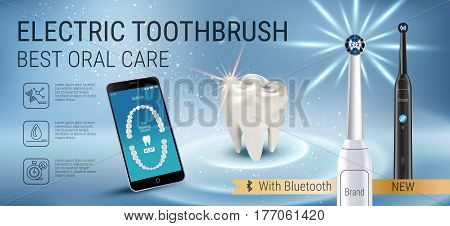 Electric toothbrush ads. Vector 3d Illustration with vibrant brush and mobile dental app on the screen of phone. Horizontal banner with high tech products.