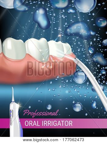 Electric Oral Irrigator ads. Vector 3d Illustration with Portable Water Pick Flosser. Poster with high tech products.